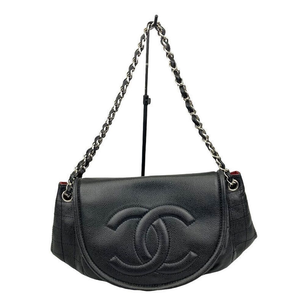 Chanel Half Moon Chain Shoulder Bag Black Silver Hardware Caviar Skin